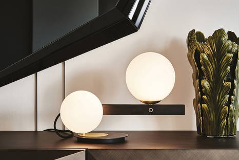 Planeta table lamp in Burnished Steel finish with Brushed Bronze accents