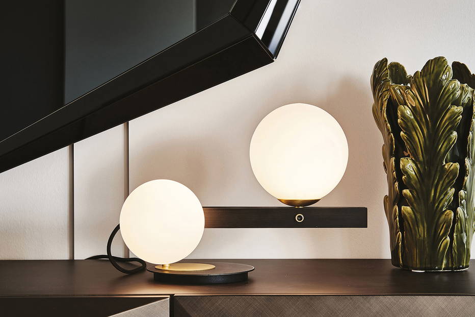 Planeta table lamp in Burnished Steel finish with Brushed Bronze accents