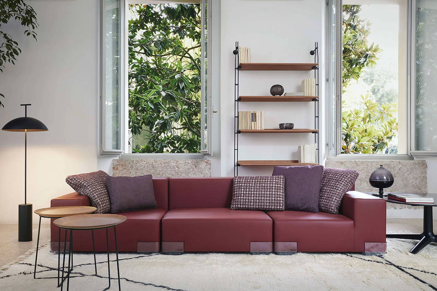 Plastics Tech Sofa in brick red finish with the Adam Wood Shelving Unit