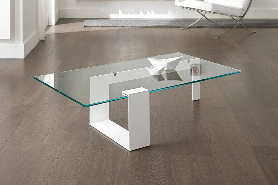Plinsky coffee table with white base and extra clear glass top by Tonelli