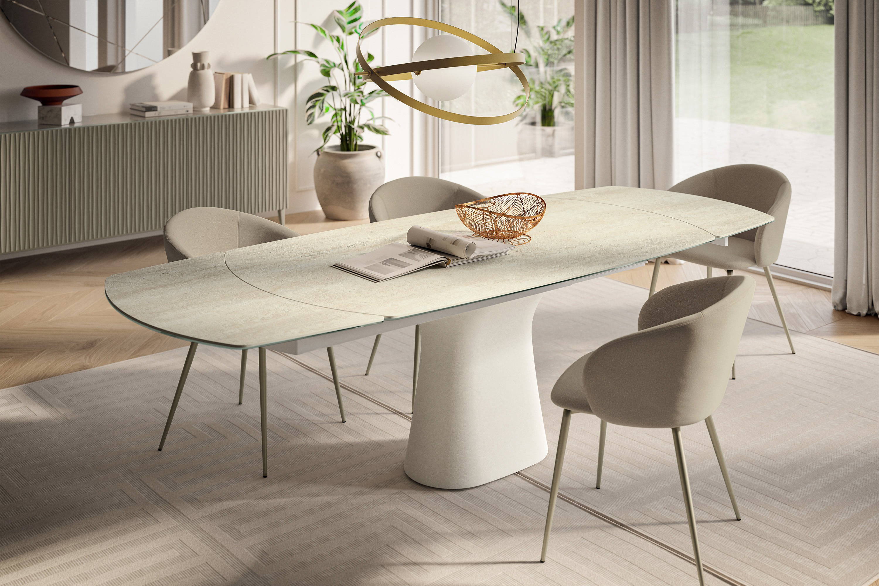 Podium Barrel extension table with white base and travertine top