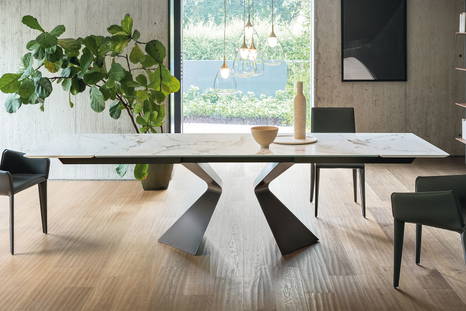 Prora ceramic extension dining table with Filly Hard Leather dining chairs by Bonaldo
