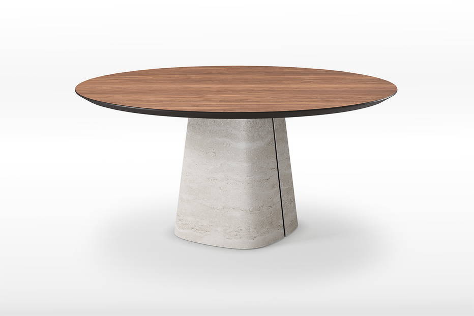 Rado Wood Round dining table with colosseo base and canaletto walnut top.