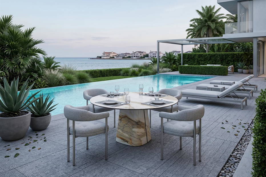 The Rado Outdoor Keramik Round Dining Table with Greta Dining Chairs.

