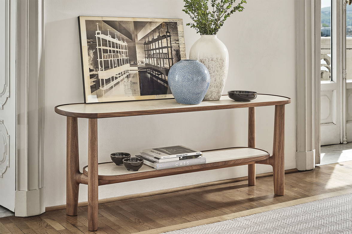 Rami console table in canaletto walnut with rock ceramic tops. Rami console table in canaletto walnut with rock ceramic tops.