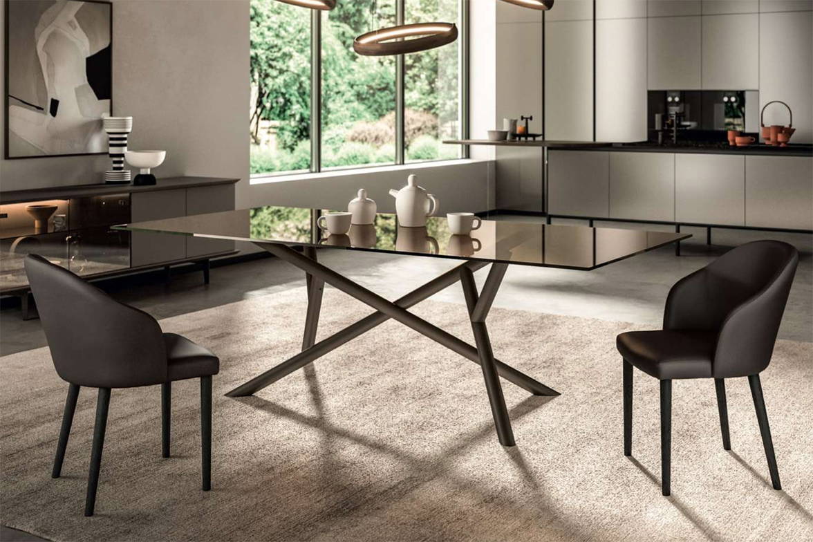 Random Glass Dining Table with Zico Dining Chairs, Ring Suspension Light, and Brera Vetro Sideboard Random Glass Dining Table with Zico Dining Chairs, Ring Suspension Light, and Brera Vetro Sideboard