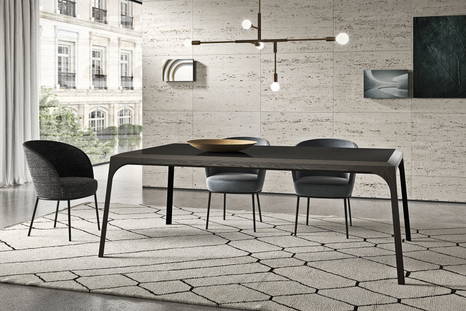 Releve dining table structure in Dark Oak Wood and Black Glossy Lacquered Glass top