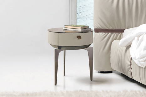  Sky nightstand with shaped metal legs and upholstered drawer