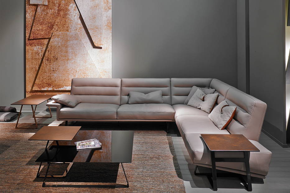 Renegade corner sectional sofa with peninsula and Tatum coffee and end tables