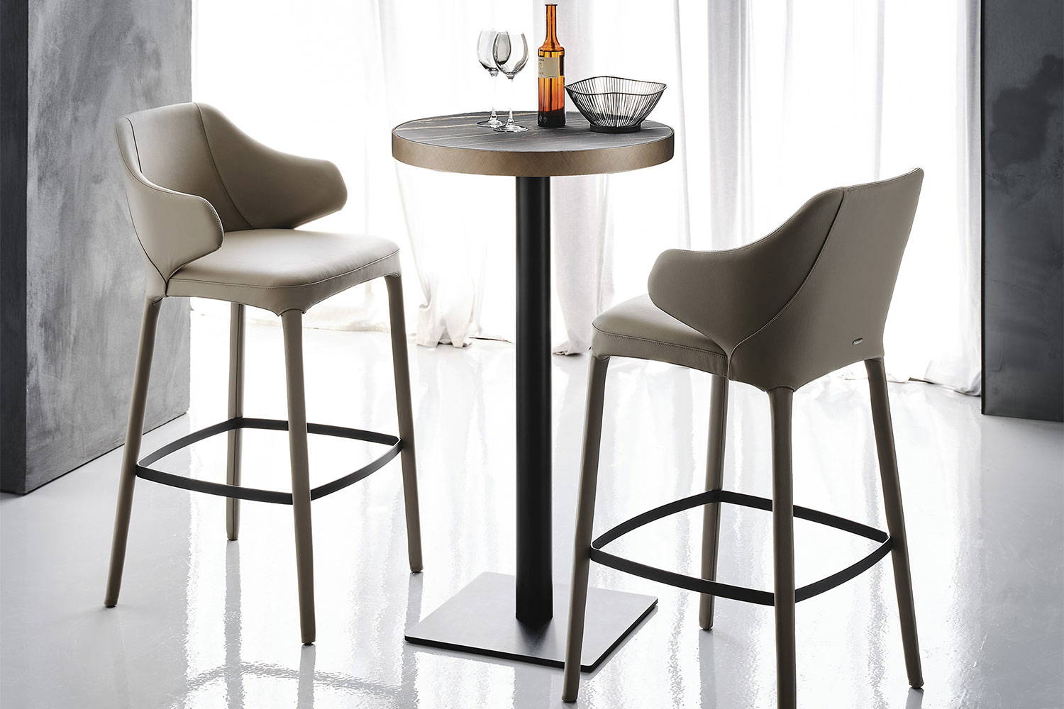 Ribot bar table with Matte Black base Brushed Bronze frame and Portoro ceramic top