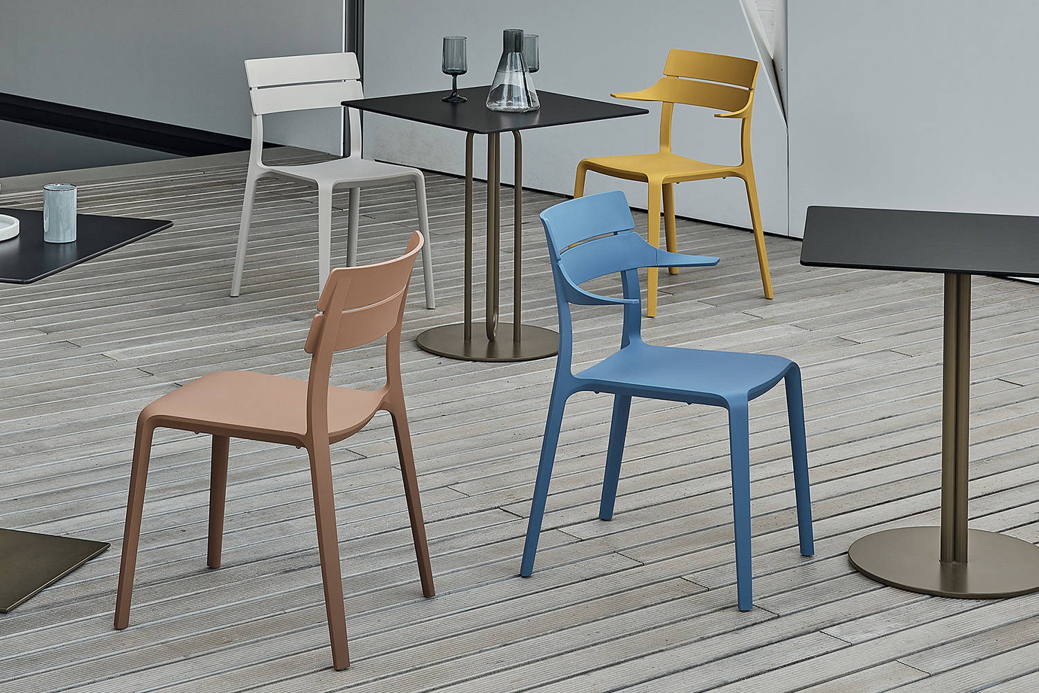 Rocket dining chairs designed by Pocci & Dondoli for Bontempi Casa. (Blue is no longer available.