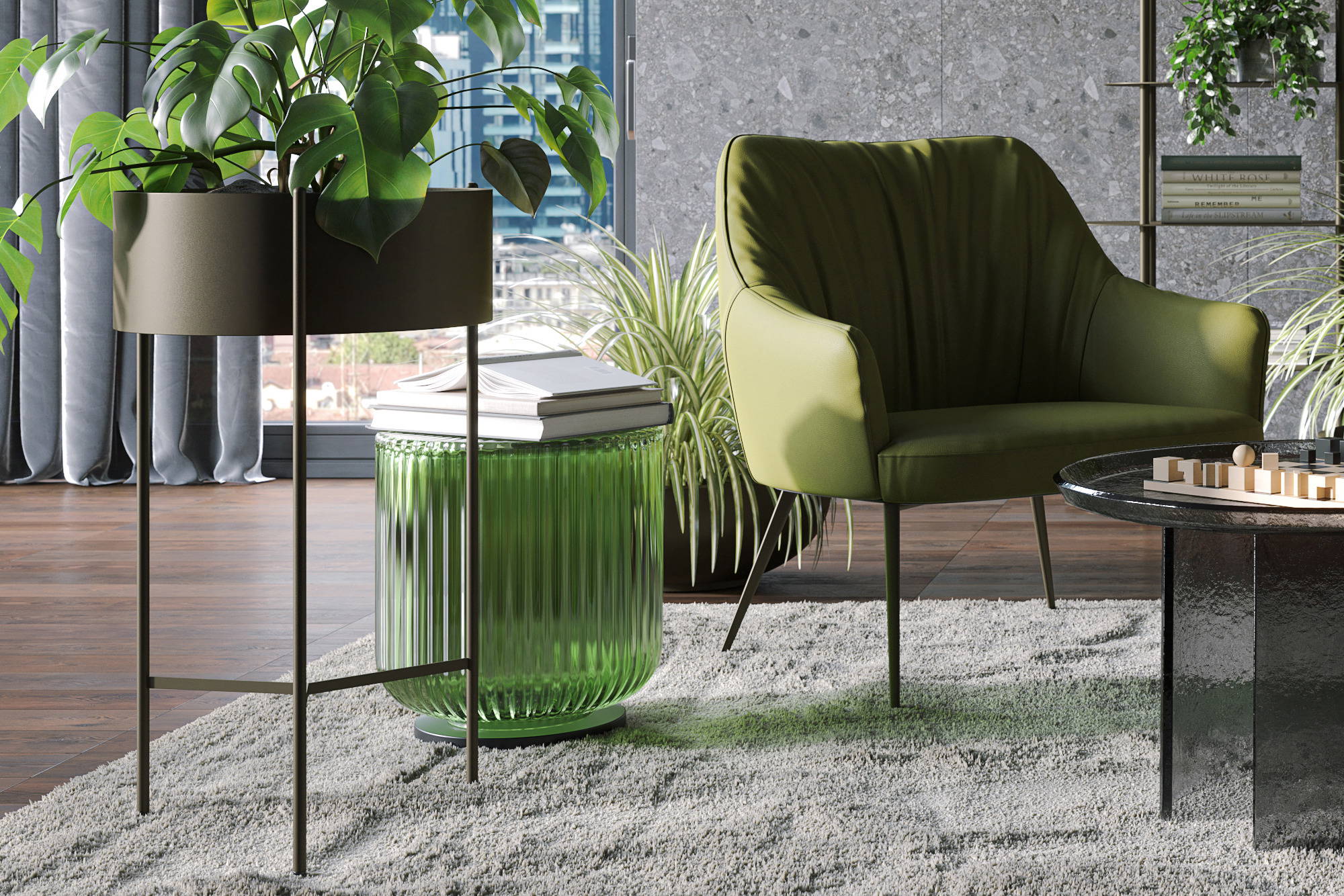 Romeo Planter with Soffio Coffee Table and Agata Lounge Chair
