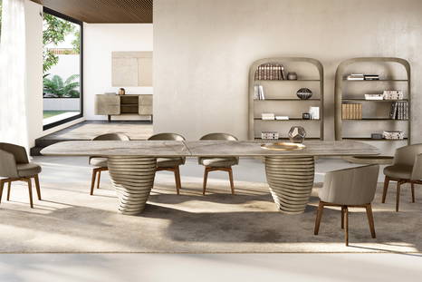Rotolo XL dining table with ceramic top and brushed platinum base
