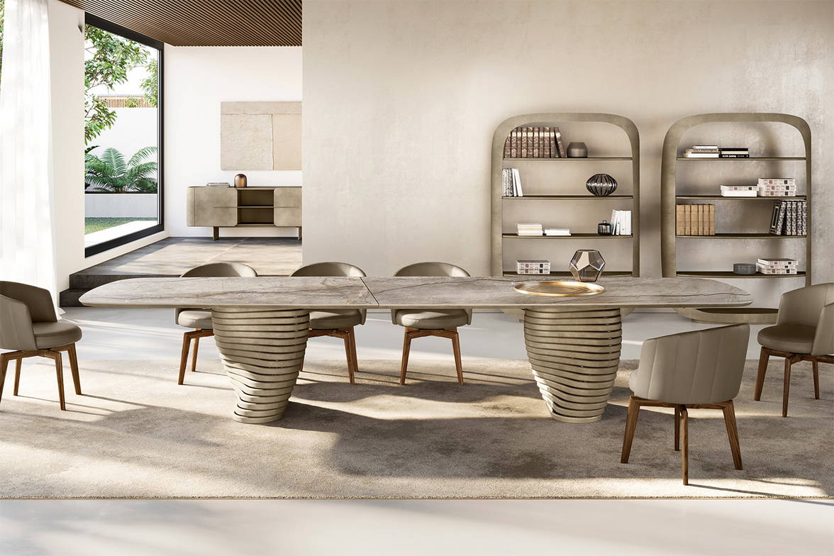Rotolo XL dining table with ceramic top and brushed platinum base Rotolo XL dining table with ceramic top and brushed platinum base