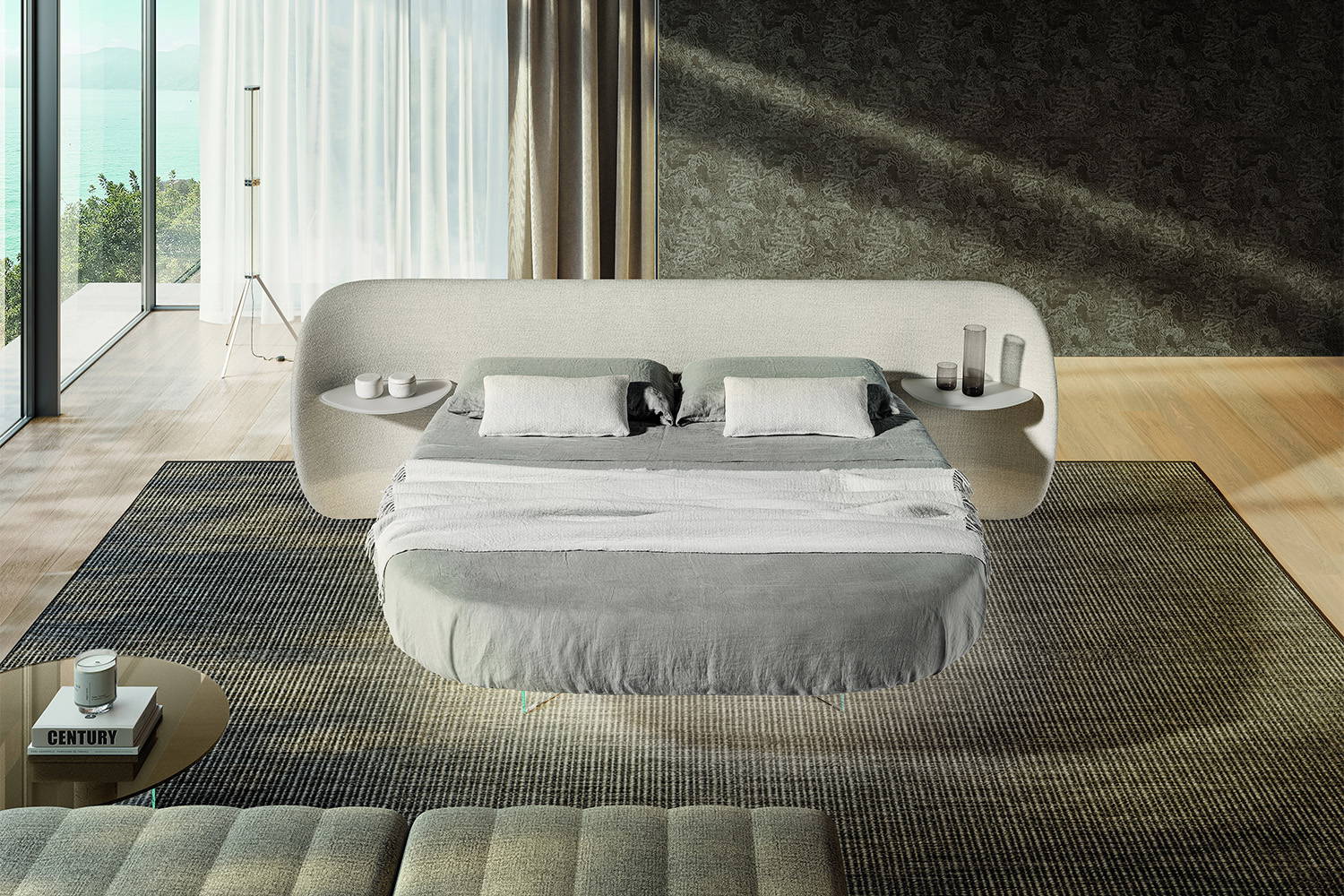 The wide freestanding version of the Roundy Air Bed with optional shelves (sold separately).