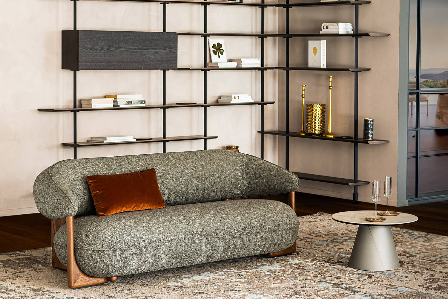 Ruby Sofa with Albert Keramik Round Coffee Table and Radja Area Rug