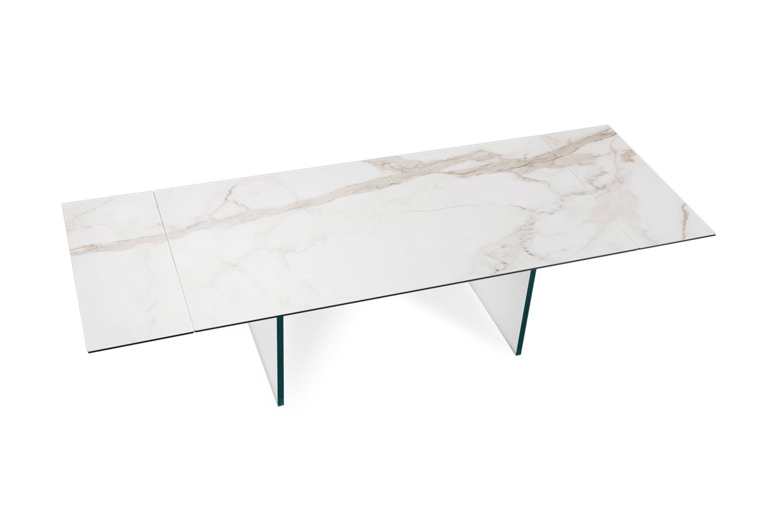 Santiago dining table by Naos (calacatta ceramic top, and clear glass legs)