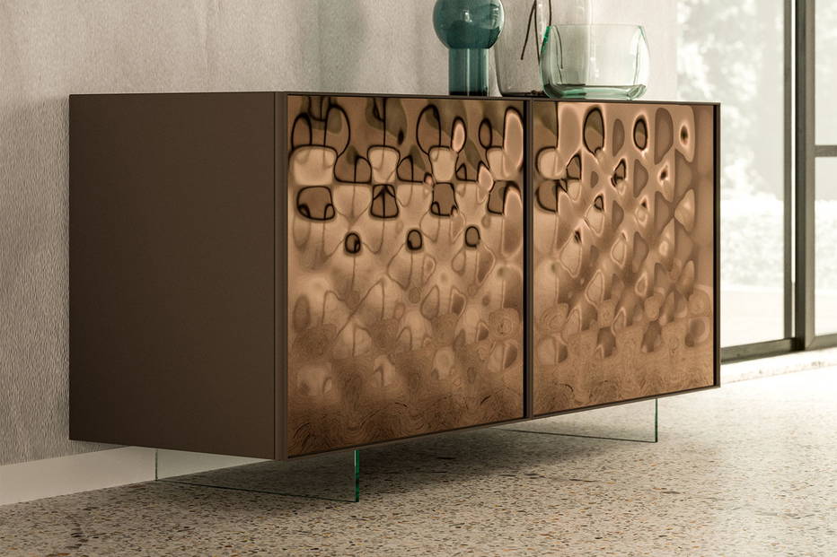 Sarah Sideboard by Ozzio Italia with bronze mirror doors and bronze lacquer frame and clear glass base