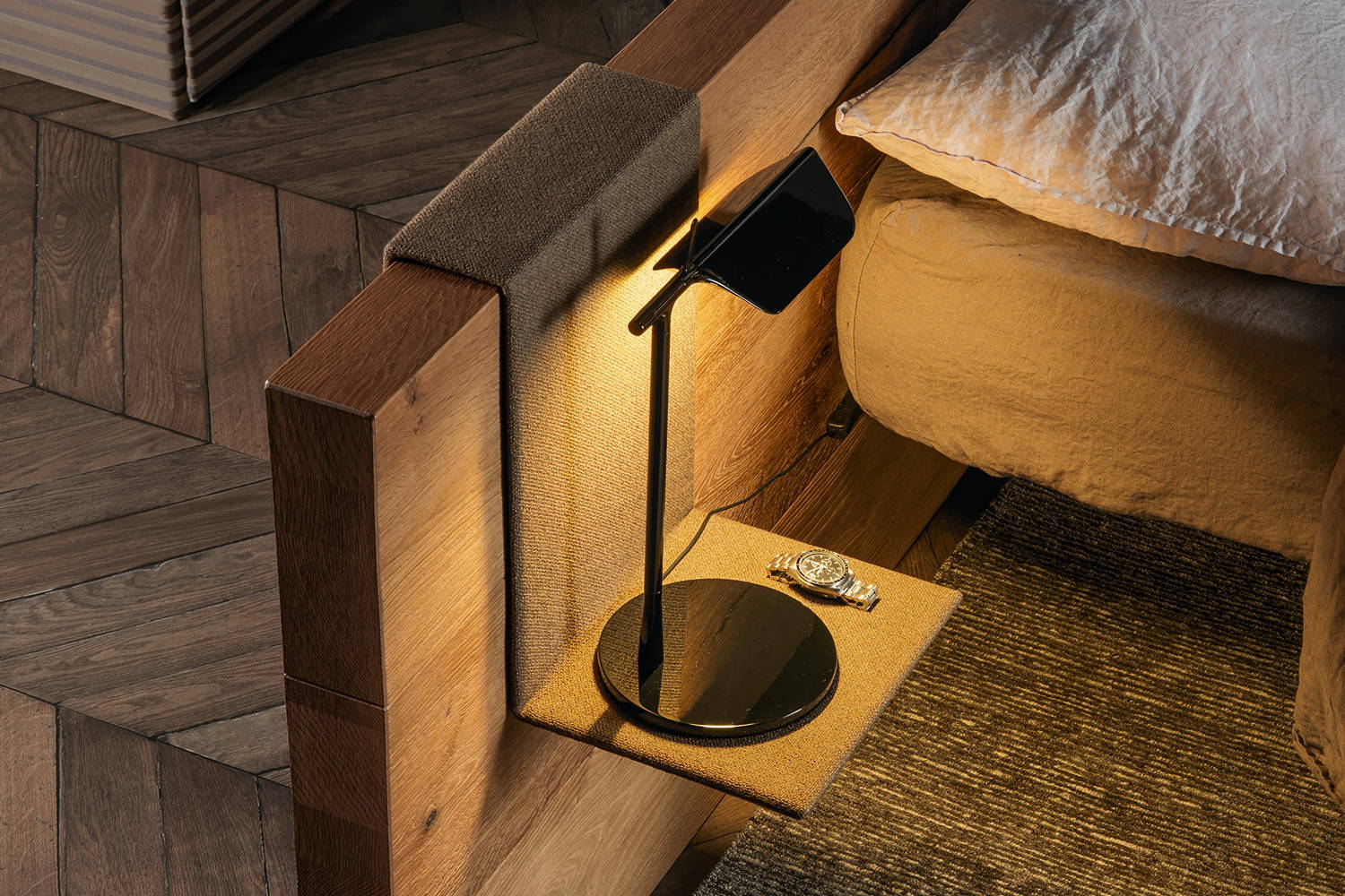 Upholstered shelf for wooden headboard by Lago as a makeshift nightstand