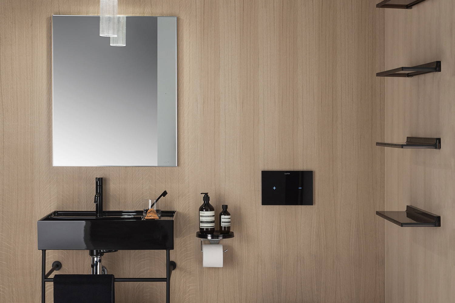 Shelfish Shelf in restroom attached to wall decor setting