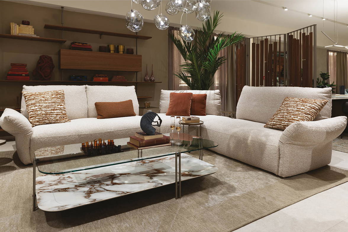 Sinatra Sectional Sofa Comp. B with Biplane Coffee Table, Billy End Table, Airport Bookshelf, and Cloudine Chandelier Sinatra Sectional Sofa Comp. B with Biplane Coffee Table, Billy End Table, Airport Bookshelf, and Cloudine Chandelier