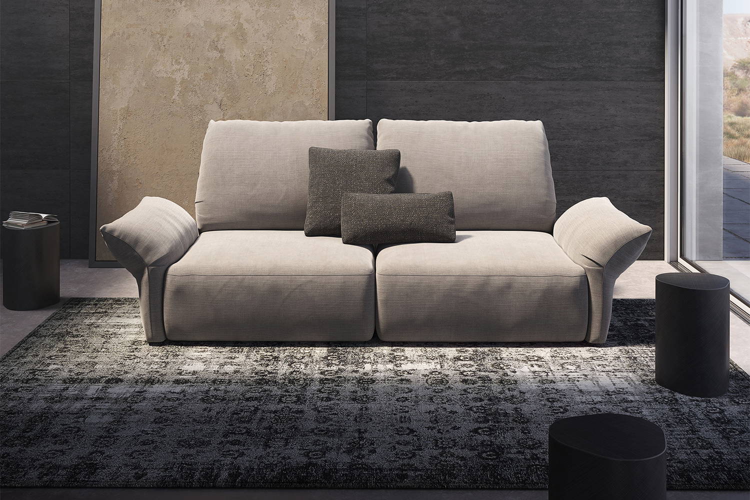 Sinatra Sofa with Mapoon Area Rug and Pancho End Tables