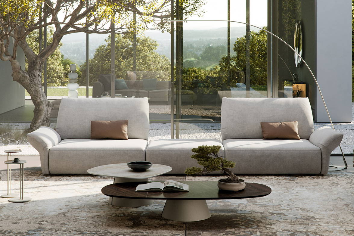 Sinatra XL Sectional Sofa from Cattelan Italia in D4-112 Tweed fabric upholstery with Bliss Pillows in PT96 Perfetto leather upholstery Sinatra XL Sectional Sofa from Cattelan Italia in D4-112 Tweed fabric upholstery with Bliss Pillows in PT96 Perfetto leather upholstery