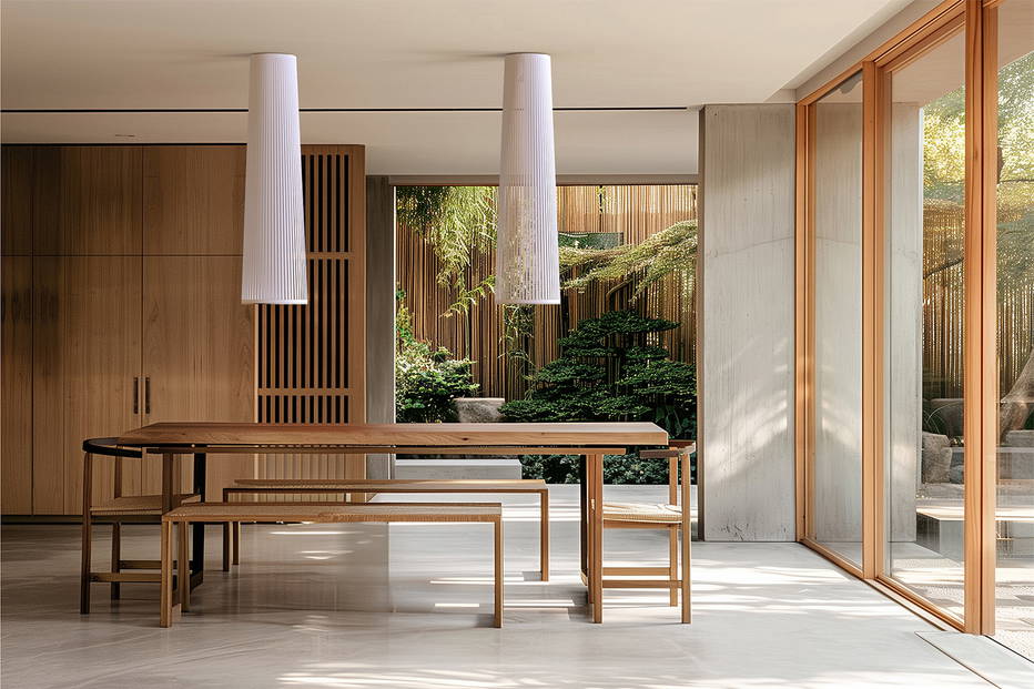 The white 72"H versions of the Solis Flush Light in a dining setting.