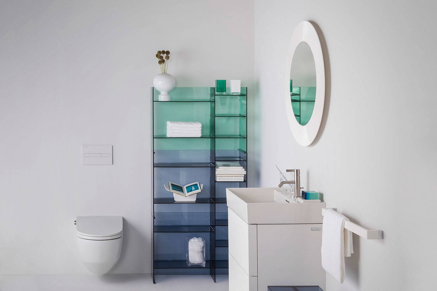 Sound-Rack bookshelf with All Saints mirror bathroom setting 