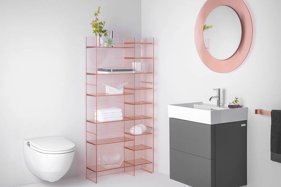 Sound-Rack bookshelf with the All Saints Mirror in bathroom interior