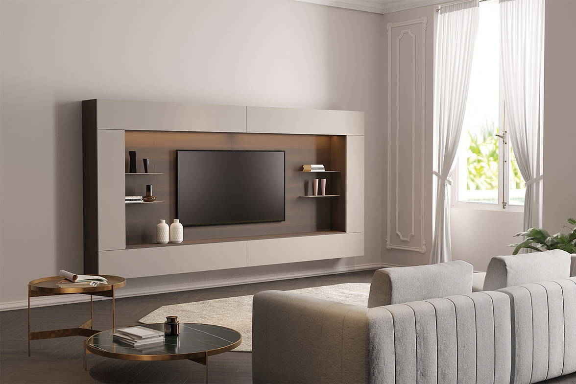 The Spazio WU360 Wall Unit in Borgogna wood and Ecru matte lacquer. The Spazio WU360 Wall Unit in Borgogna wood and Ecru matte lacquer.