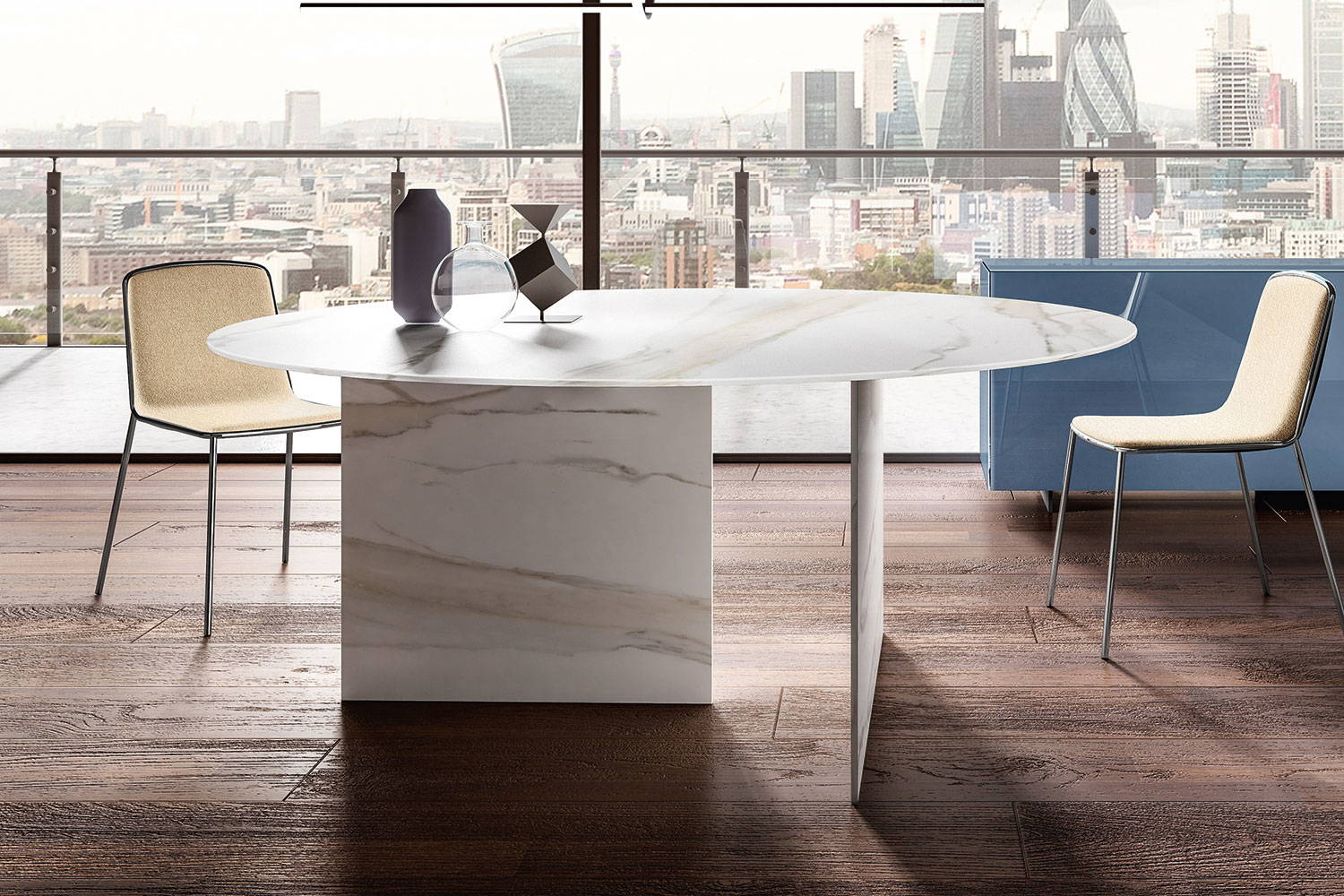 Stratum round dining table with Pletra dining chairs by Lago