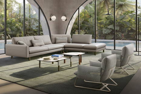 The Summer corner sectional sofa with peninsula with Fifty armchairs.