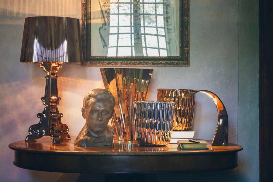 Taj Mini Table Lamp Quickship with the Bourgie Table Lamp on console table
