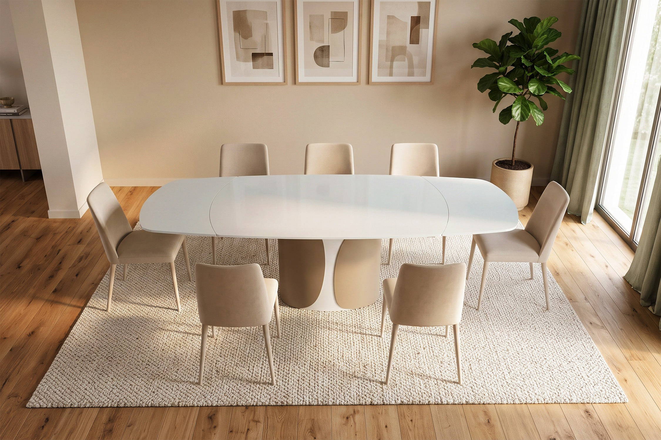 Talos extension dining table with matte white glass top
