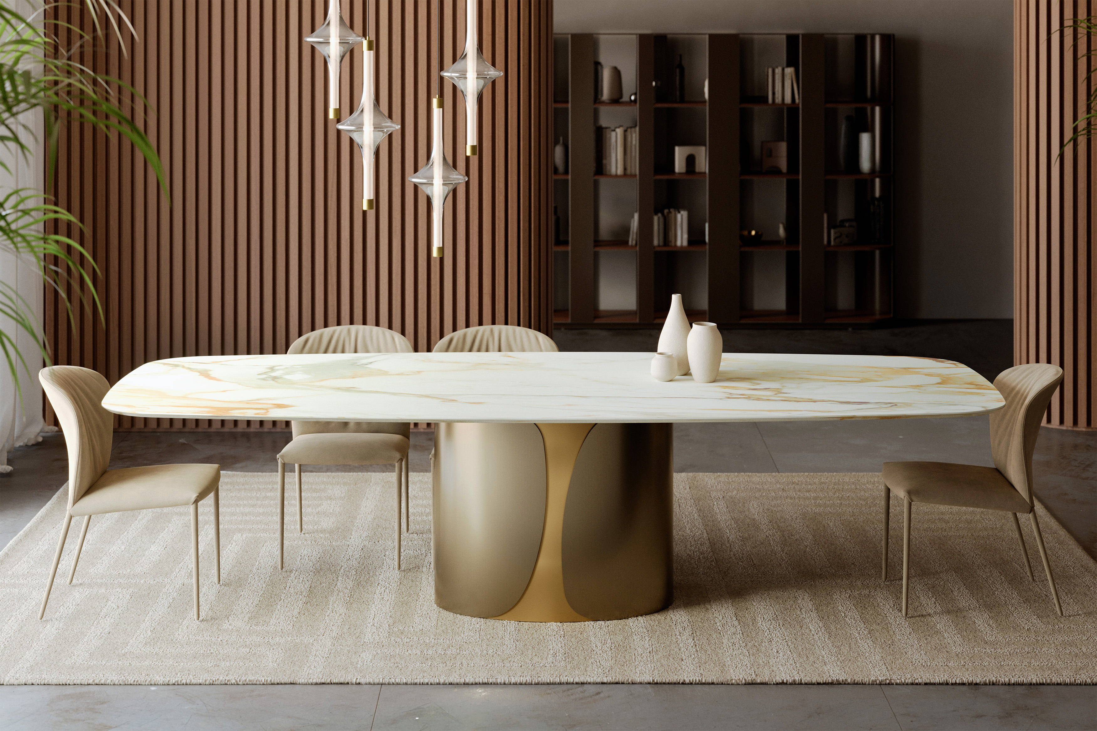 Talos barrel dining table by Bontempi, base in M325 Gold Metal and M328 Aged Brass Metal
