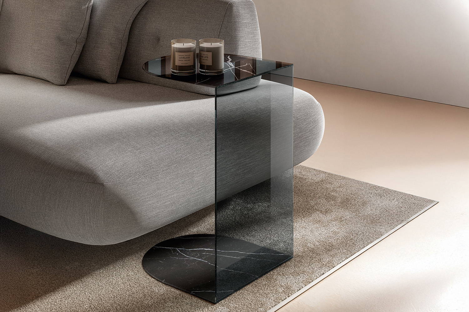 The Tell End Table with a top and base and top in Marquina Xglass and a smoked grey glass back.