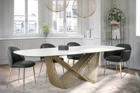 Tenso Dining Table with white travertino top