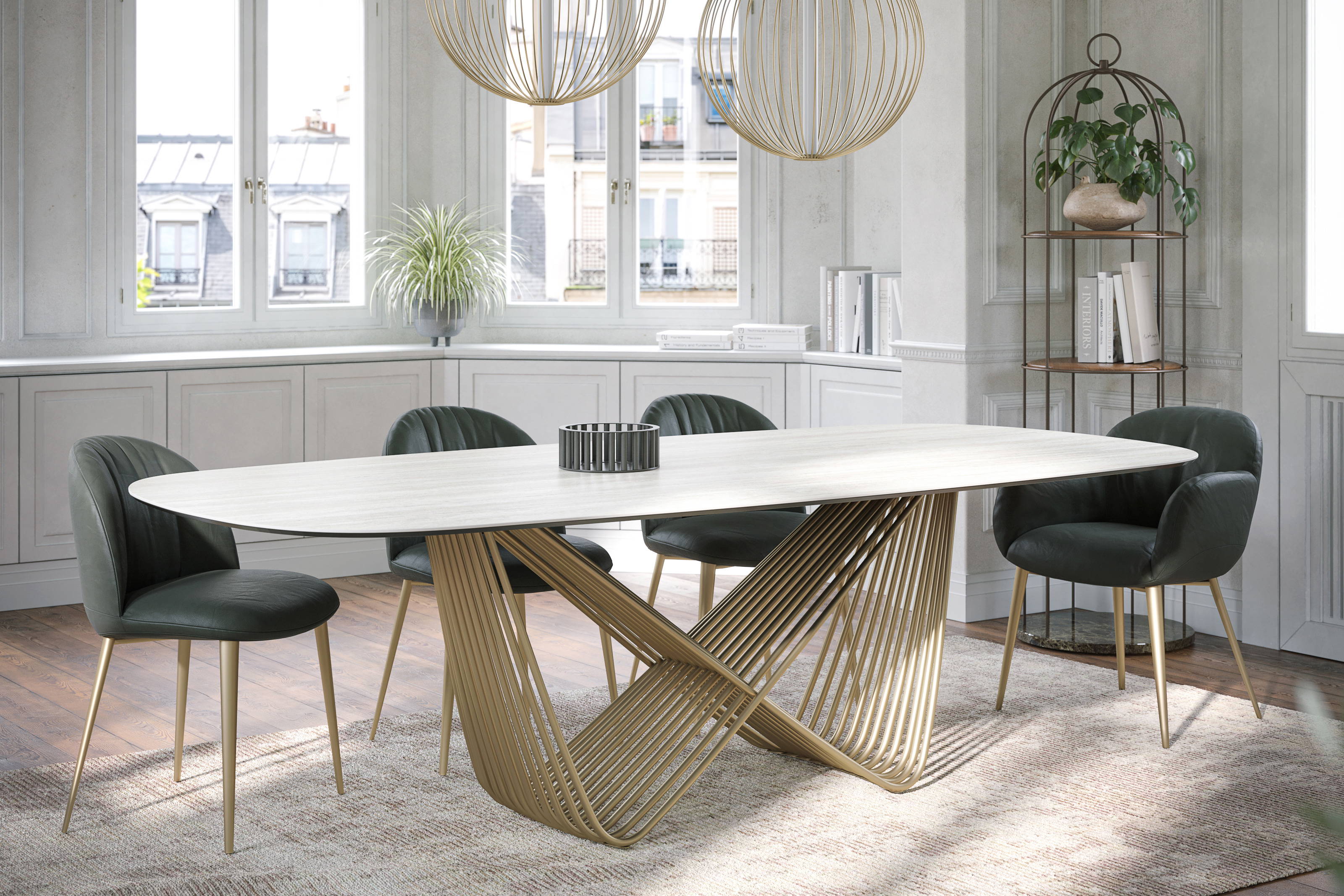 Tenso Dining Table with white travertino top