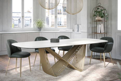 Tenso Dining Table with white travertino top