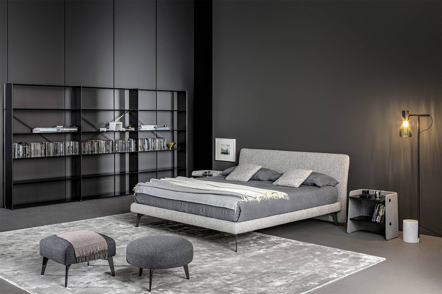 The Tonight Air bed with Kaos bookshelves, and the Lovy Pouf.