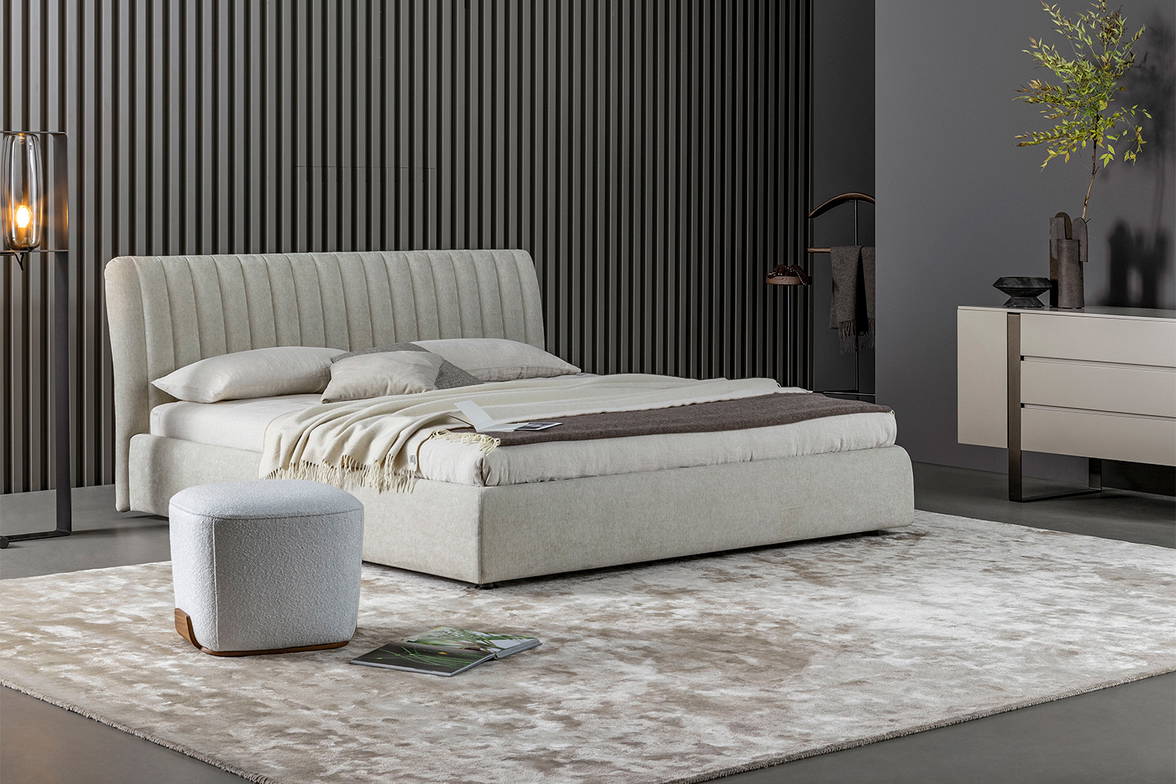 The Tonight Charme Bed with the Olos pouf. The Tonight Charme Bed with the Olos pouf.