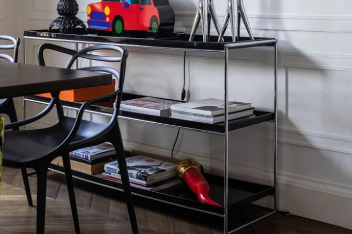 Trays bookshelf with black shelves and the Masters dining chairs Trays bookshelf with black shelves and the Masters dining chairs