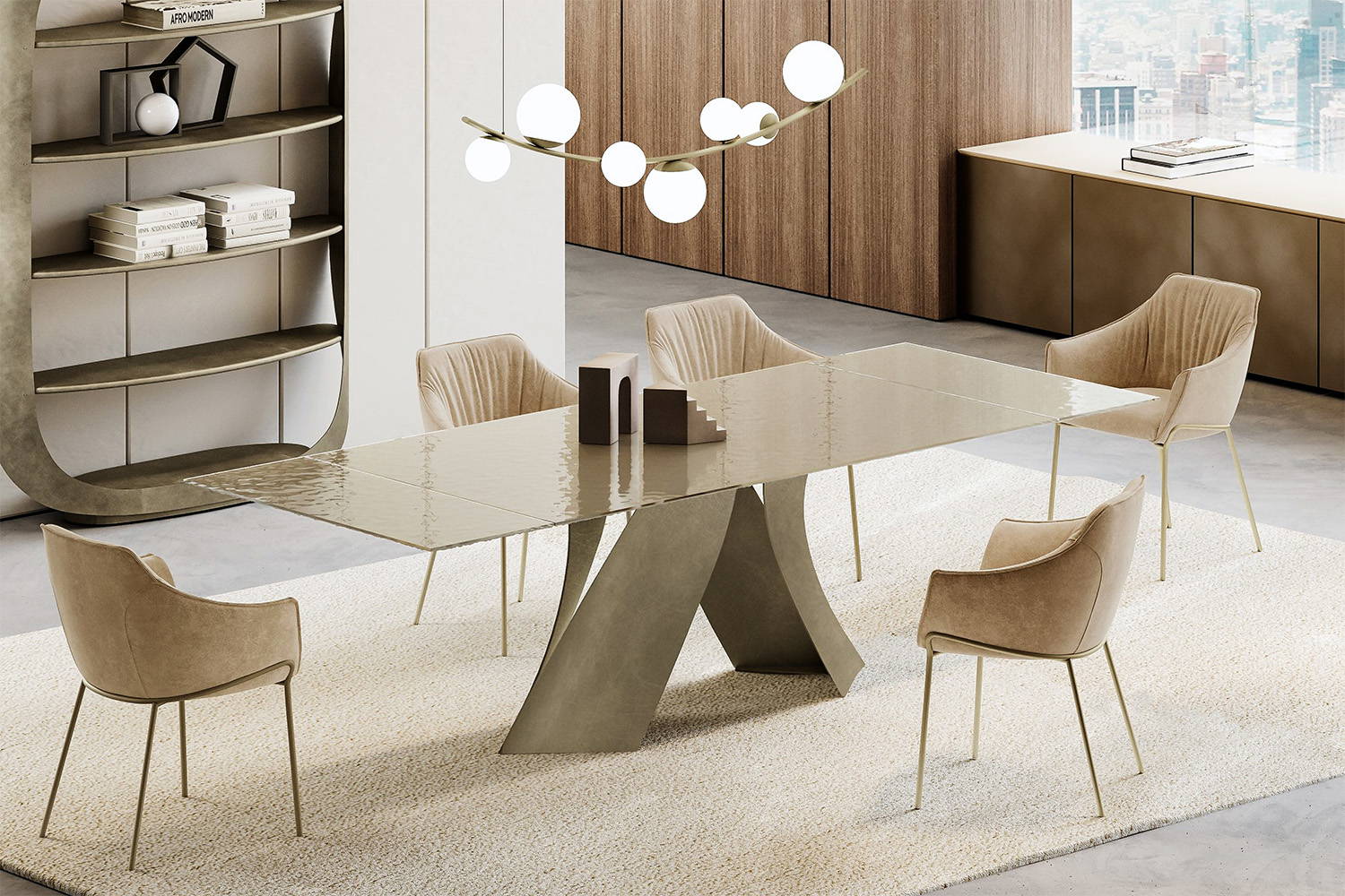 Twist Extension Dining Table with Tortora fused glass.