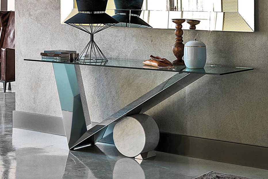 Valentinox console table with a polished steel base and white Carrara cylinder, and clear glass top