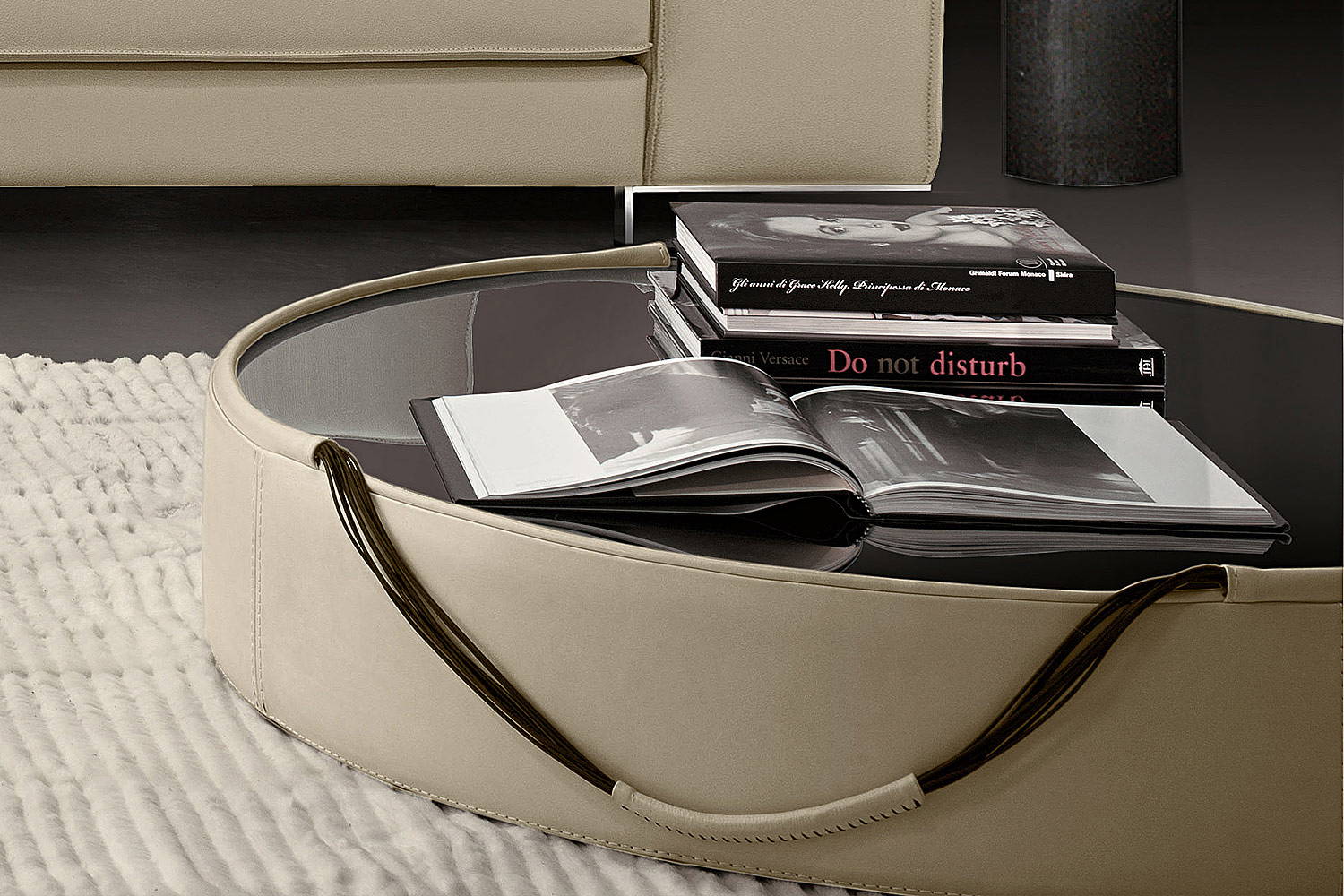Drums coffee table frame upholstered in leather close-up