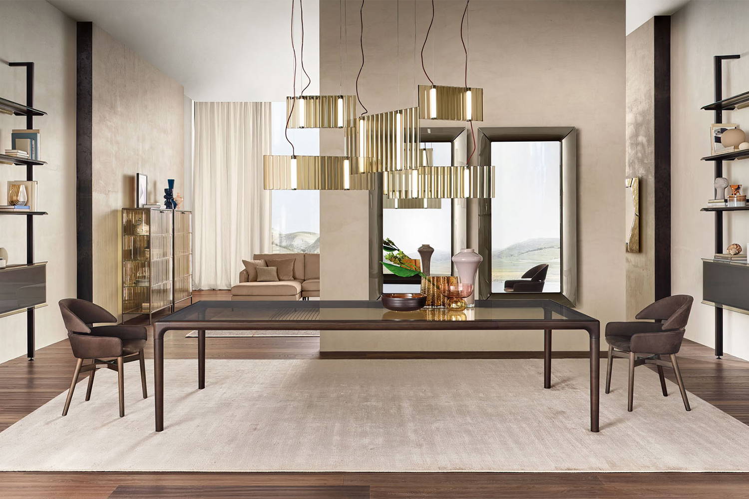 Vertige Dining Table in living room with Echo Line Display Cabinets, Lloyd Dining Chairs, Sipario Suspension Lights, and Caadre Mirrors