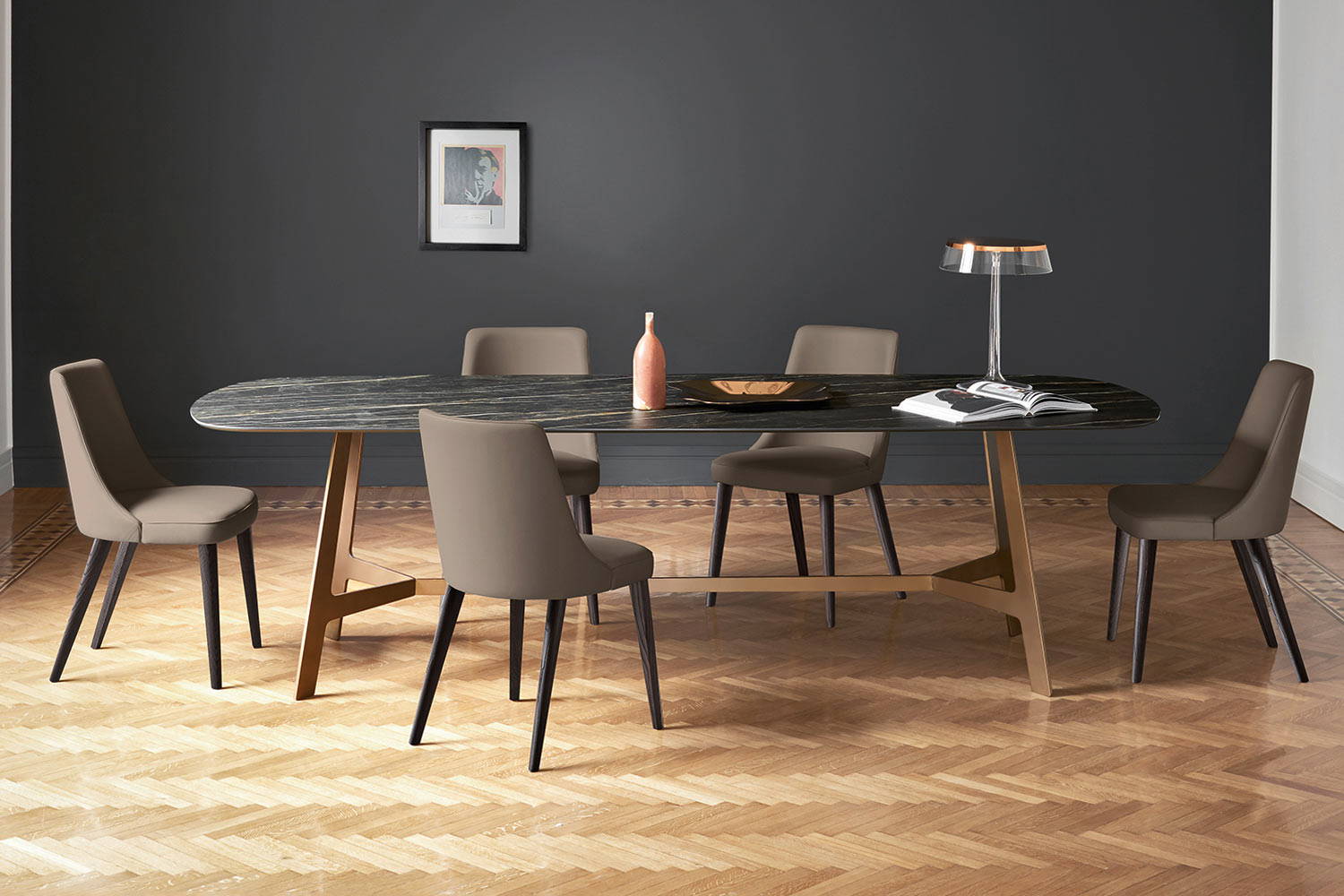Vertigo ceramic dining table with Eva chairs by San Giacomo