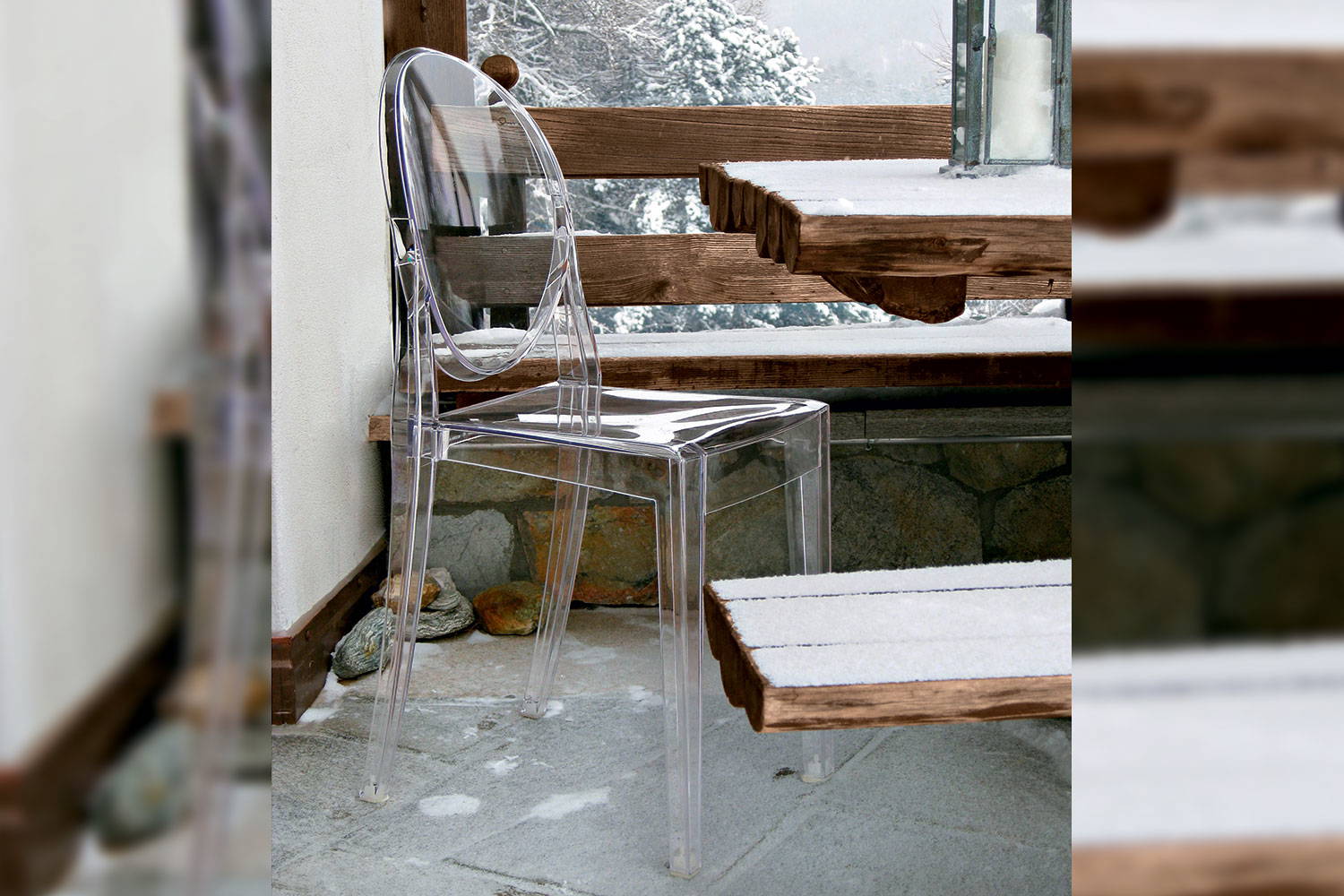 Victoria Ghost Fire Resistant Dining Chair in a cabin setting