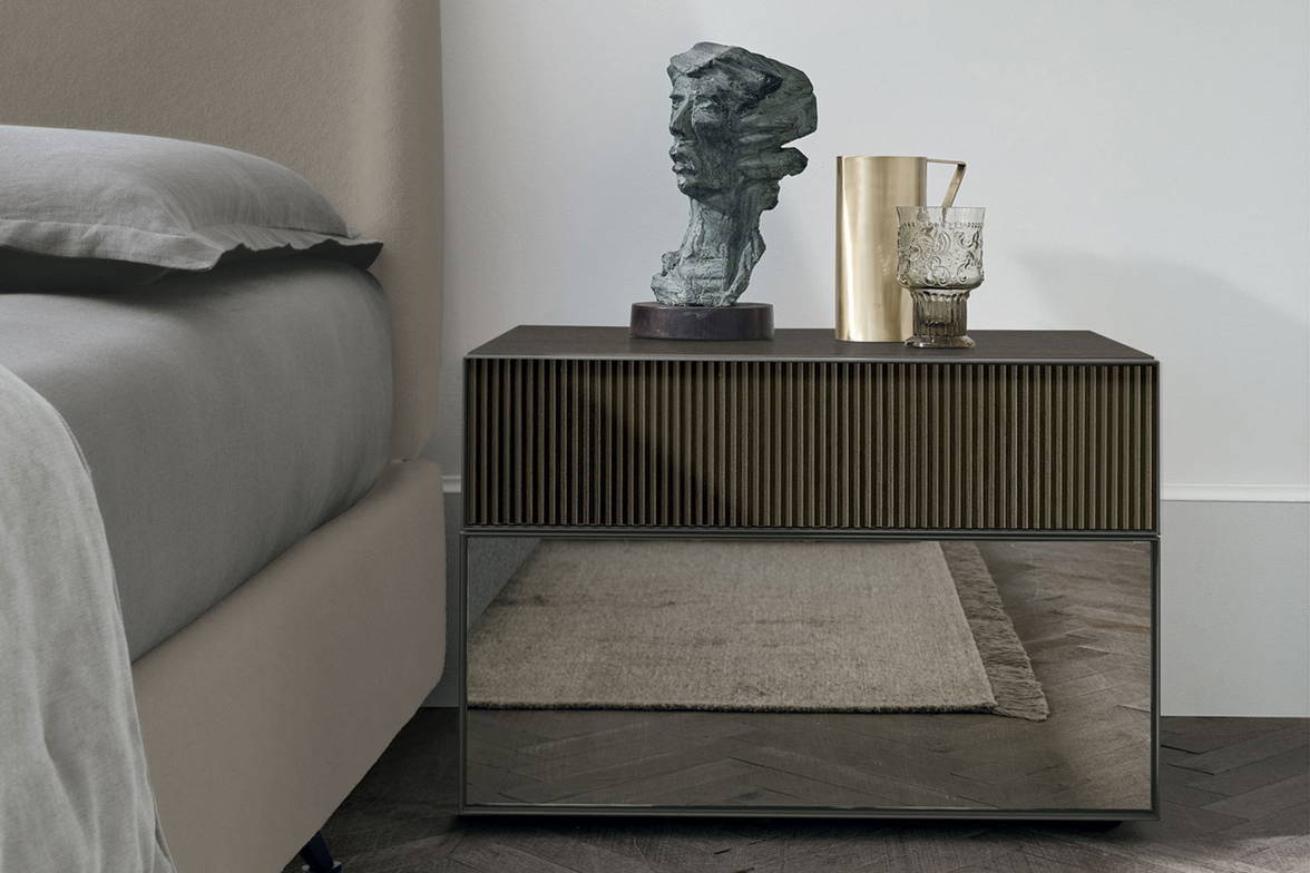 Vinci Nightstand in textured mocha oak, reeded mocha oak, bronzed 382 mirror Vinci Nightstand in textured mocha oak, reeded mocha oak, bronzed 382 mirror